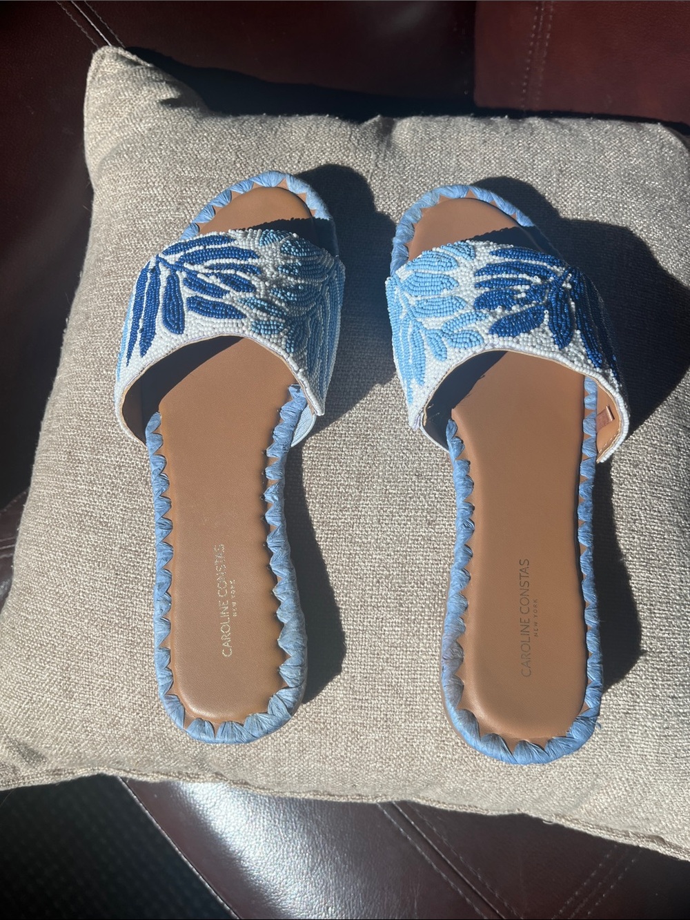 Blue Beaded  8 1/2 Slide Sandals with Leaf Motif by Carolina Costas - Picture 2 of 11